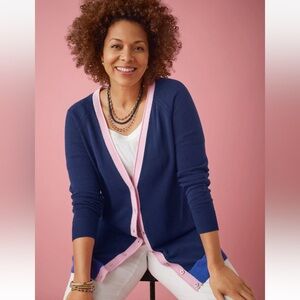 Talbots INDIGO NAVY BLUE/PINK TIPPED Girlfriend Cardigan SWEATER XS NWT’s
